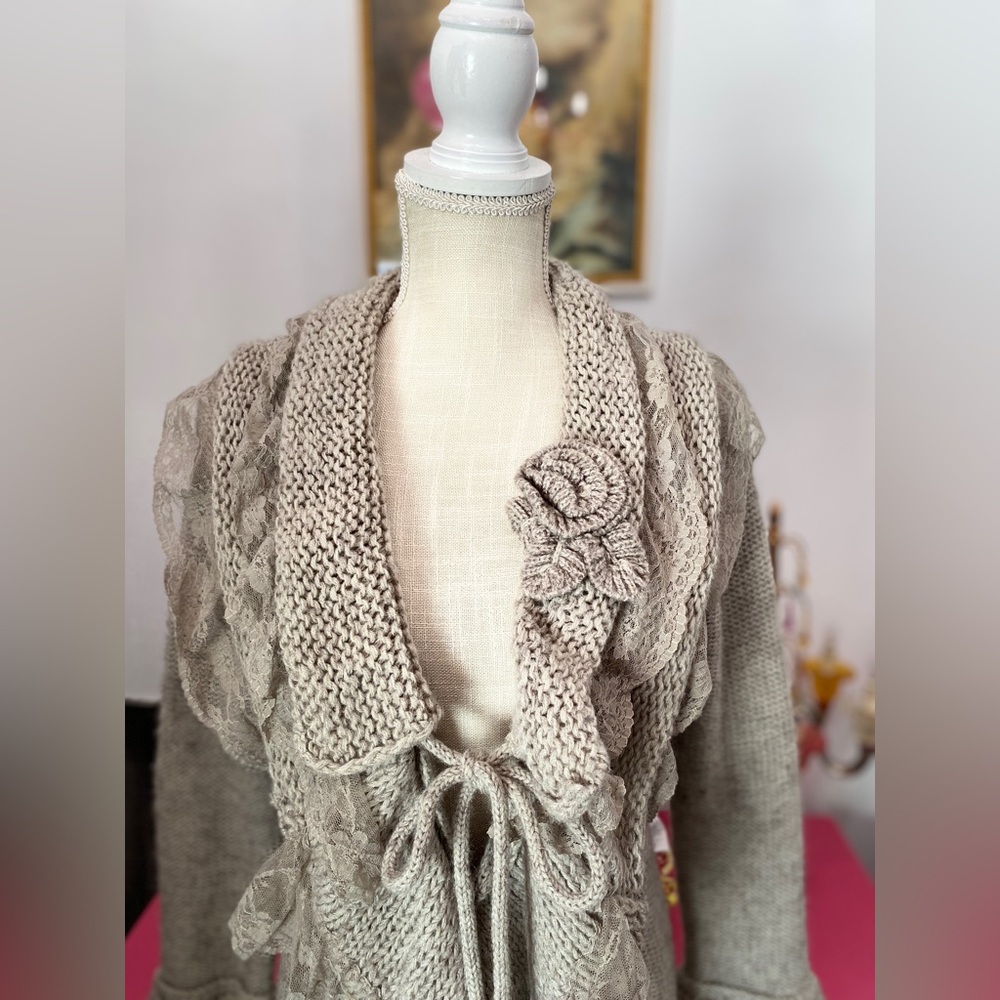 ❌SOLD❌ SIONI MIXED MEDIA APPLIQUÉ WOOL CARDIGAN SWEATER LARGE GREY BROWN - Picture 3 of 9